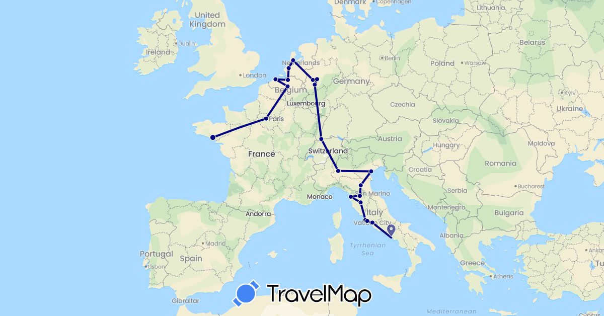 TravelMap itinerary: driving in Belgium, Switzerland, Germany, France, Italy, Netherlands, Vatican City (Europe)